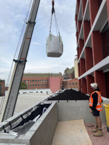 Growing substrate craned to a planter box in a ‘bulk bag’ (Image: Michael Casey)