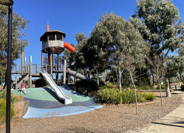 Playspaces that are well planted with trees offer nature play in mini forests (images supplied by Remarkable Trees)