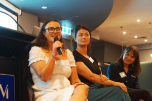 (L to R) Meagan Wigg (Gardenworld), Chloe Van Berkel (Trenton Cottage) and Bonnie-Marie Hibbs (PMA) discussed their industry journeys (Image: John Fitzsimmons)