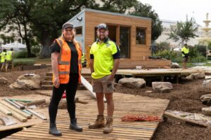 Nadia Cole and Matt James on site at the Melbourne International Flower and Garden Show 2024 (Image: Platylobium Landscape Design)