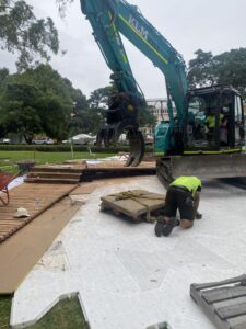 Nadia and Matt hired a large excavator to move material around their ‘Australian Idyll’ Show Garden at this year’s Melbourne International Flower & Garden Show. The longer reach of this machine meant it did not have to move as much around the site, therefore minimising compaction at this heritage site (Image: Platylobium Landscape Design)